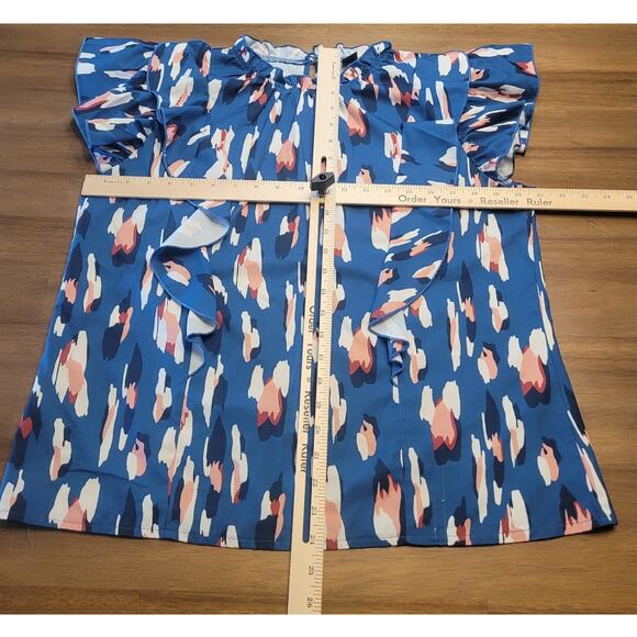 Clasi Blue Printed Blouse Women’s Large – Ruffle Trim Sleeve Top • EUC - Picture 6 of 9